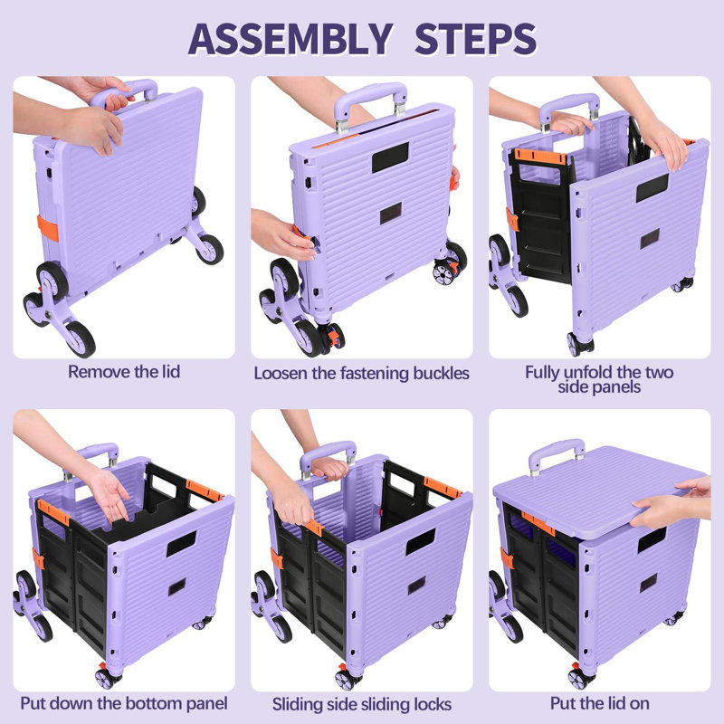 Foldable Utility Cart Collapsible Crate Rolling Carts With Stair Climbing Wheels Rolling Tote Basket Teacher Cart With Lid Wear-Resistant 360°Rotate Wheel Noiseless