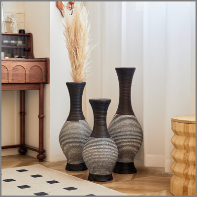 Vase de bureau, vase décoratif brun, vase classique et soigné, support à fleurs haut indépendant, vase à vigne artificiel, vase de plancher en PVC, ensemble de 3 supports à fleurs pour la maison
