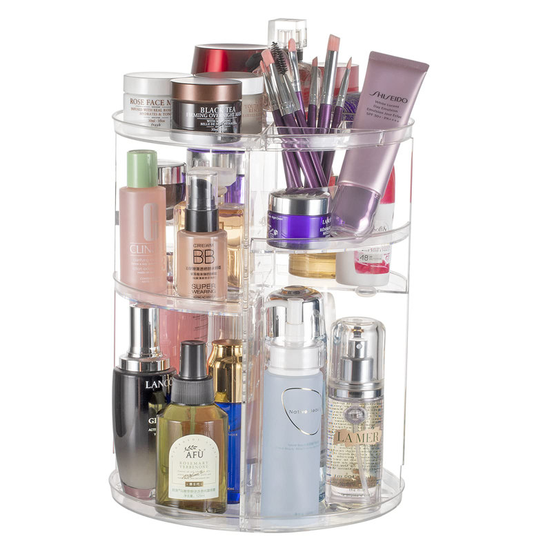 Multifunctional 360° Rotating Cosmetic Display Box With Brush Holder Perfume Tray, Transparent