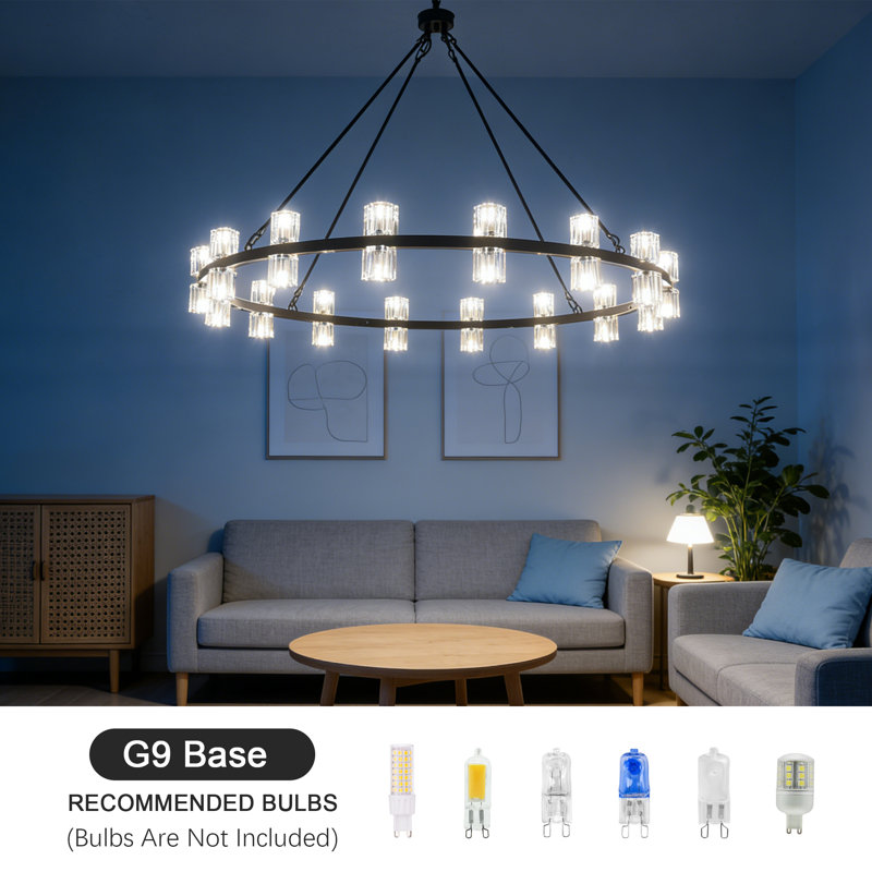 32 - Light 49.21" Large Dimmable Round K9 Crystal Wagon Wheel Chandelier For Dining Room Living Room, Matte Black