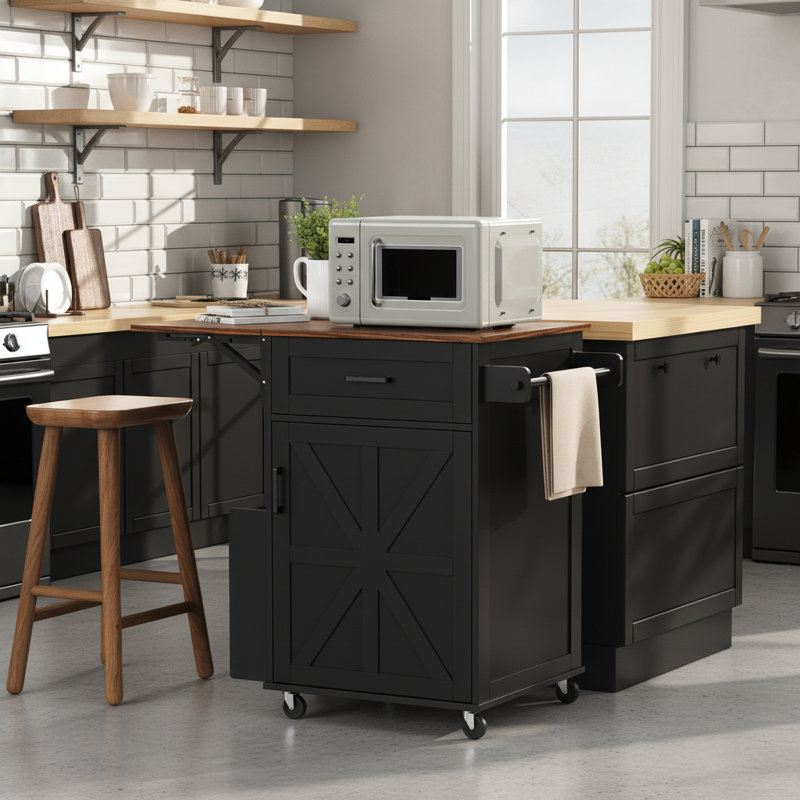 Kitchen Island With Drop Leaf, Space-Saving Expandable Design, Wood, Open Side Rack Storage, Modern Farmhouse, Black