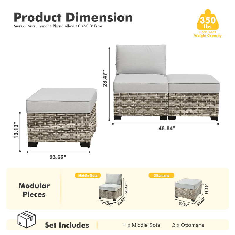 3-Piece Armless Outdoor Pe Wicker Patio Chair Set With 2 Multifunctional Ottomans And Cushions, Gray