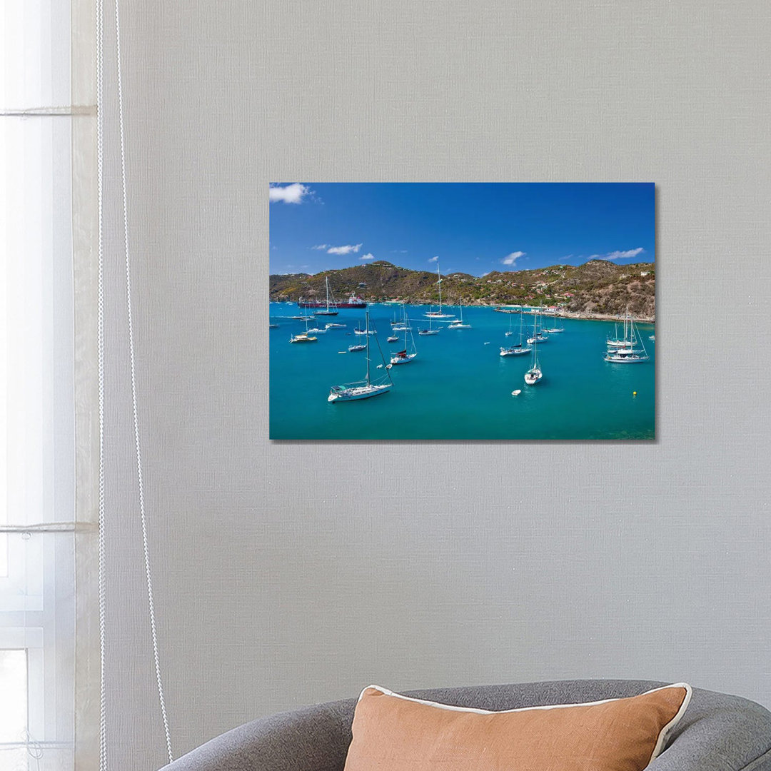 Sailboats In Sea, Saint Barthélemy, Caribbean Sea by Panoramic Images - Wrapped Canvas Print