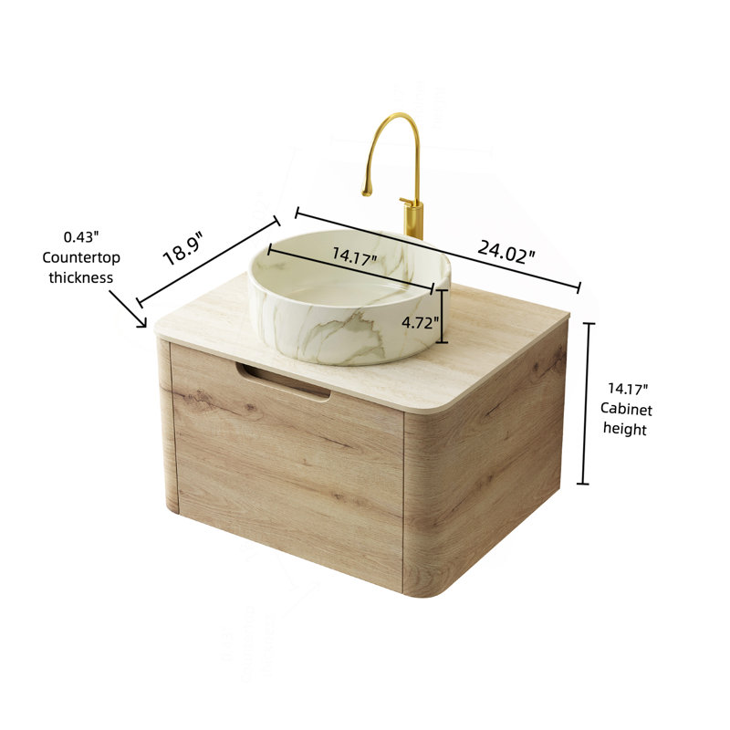 Meuble-lavabo de 24 po avec lavabo, armoire de rangement flottante en contreplaqué avec tiroir, lavabo en céramique à motif de pierre et plateau en pierre frittée à motif de travertin, pré-assemblé, couleur grain de bois de chêne blanc