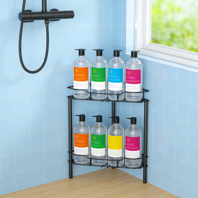 2 Tier Floor Standing Corner Shower Caddy Organizer Shelf With Hooks