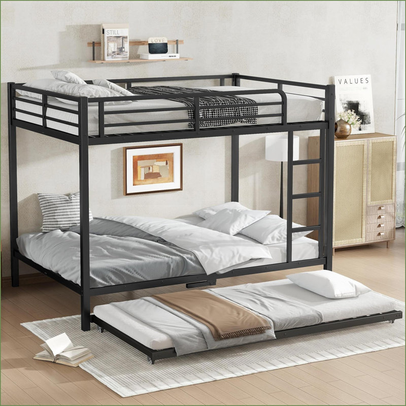 Full Over Full Metal Bunk Bed with Twin Trundle, 500LBS Max Capacity, Black - No Box Spring Needed, Full