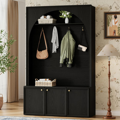 Arbre d'entrée tout-en-un avec tablettes réglables, banc de rangement pour hall d'entrée arqué rétro avec 3 armoires, organisateur de portemanteau en bois avec 4 crochets dorés pour vestibule, couloir