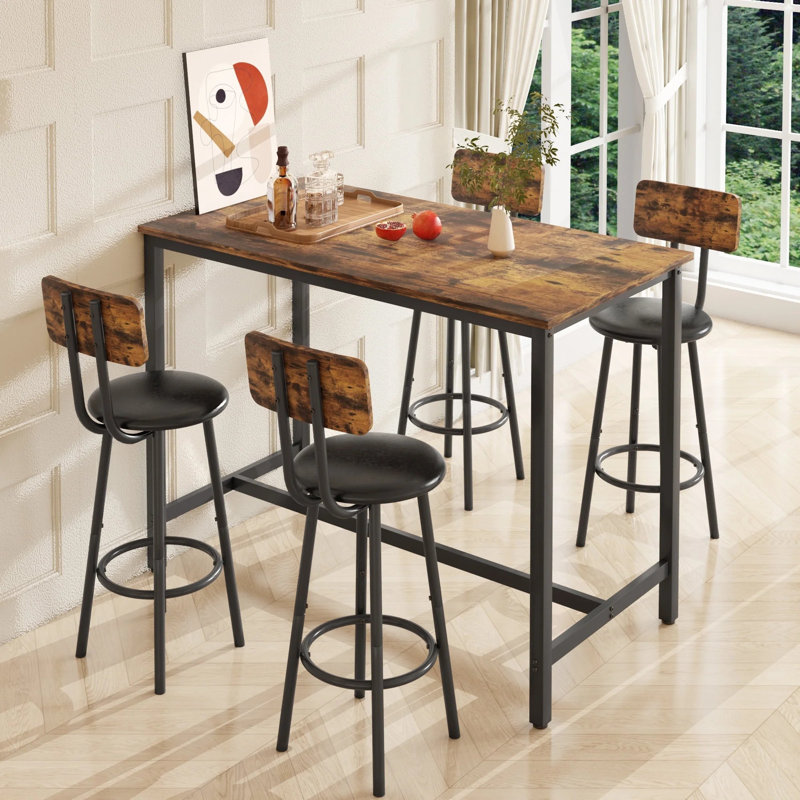 Reames Bar Table Set, Counter Height Table with 4 Bar Chairs, 5-Piece Pub Table Set, Rustic Brown/Black