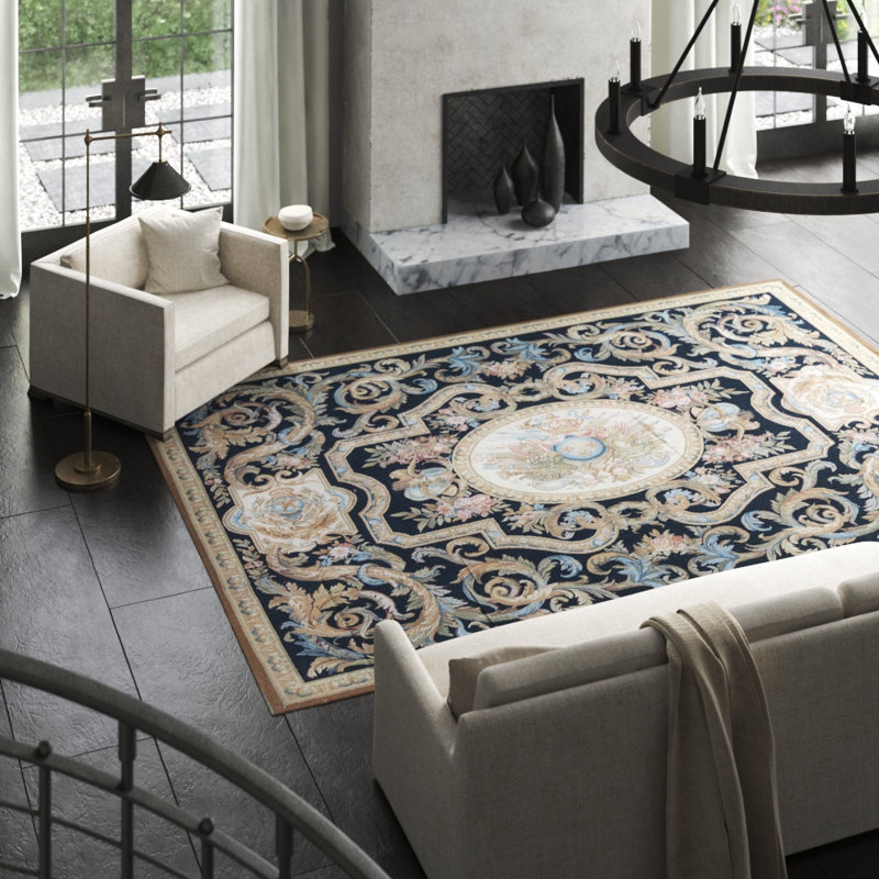 Hand-Knotted High-Quality Black and Beige Area Rug