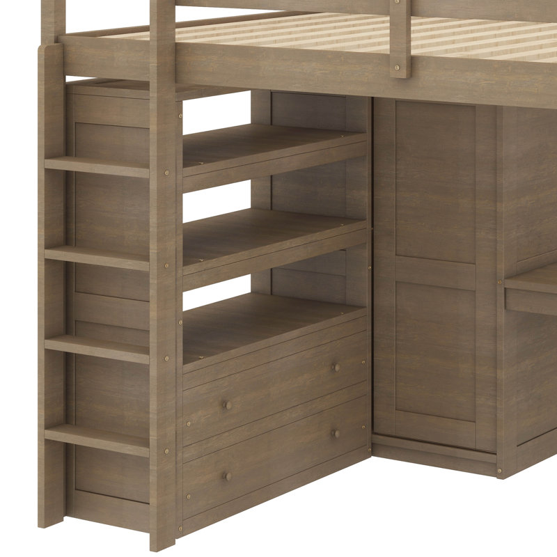 Lit mezzanine double en bois avec garde-robe intégrée, bureau, tablettes de rangement et tiroirs, Walnut