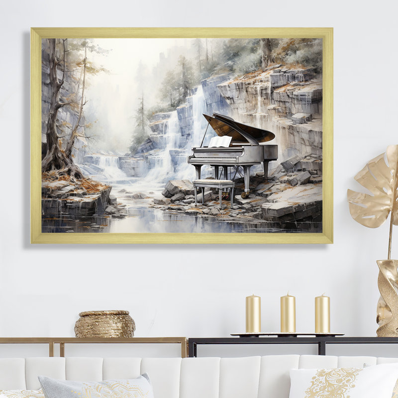 Piano Piano Cascade II - Piano Wall Art Living Room, Cadre doré simple, H 30 po x l 40 po x P 1,5 po