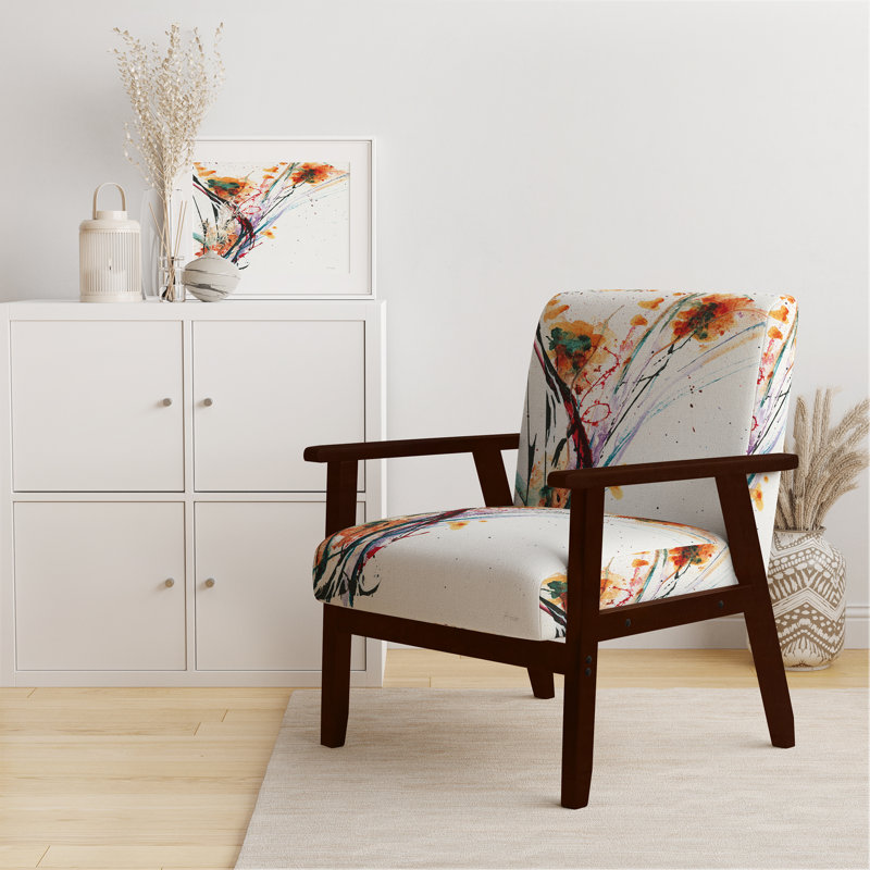 Geidel - Abstract Flowers - Upholstered Traditional Accent Arm Chair, Orange Polyester, Brown Square Arms