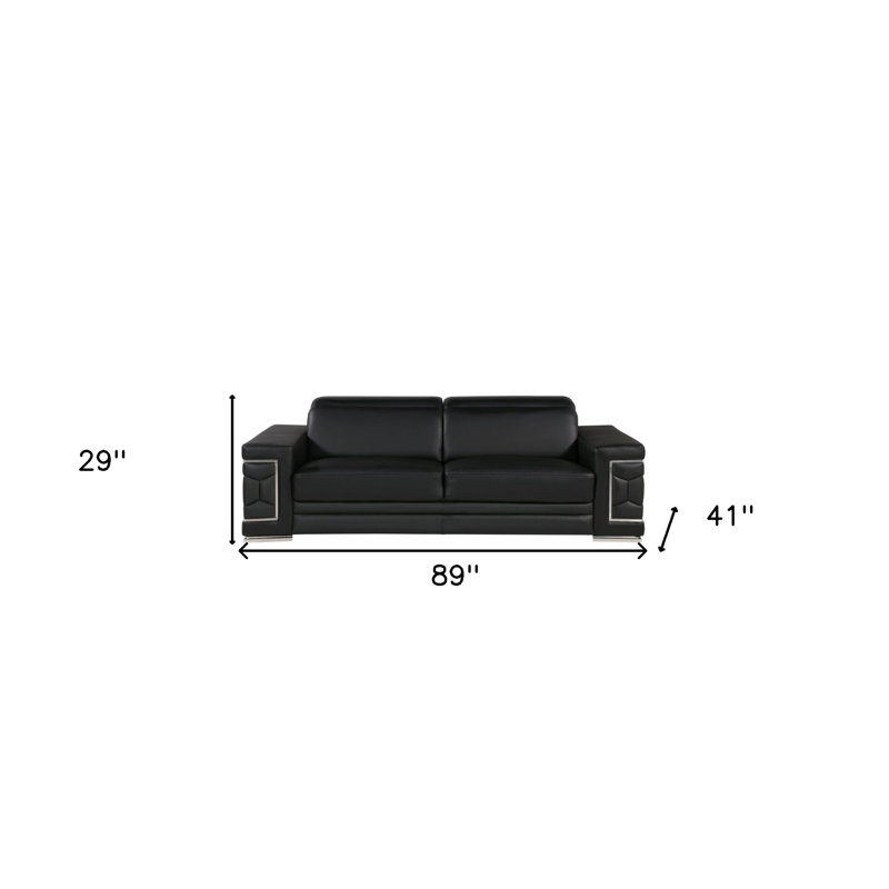 Gracie Mills 89" Black Leather Sofa With Silver Legs