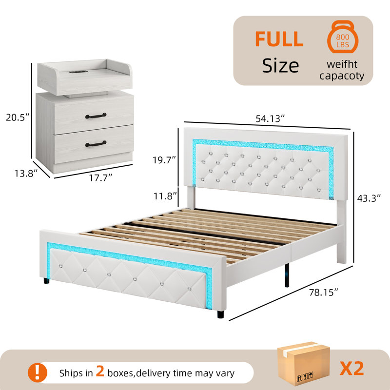 Upholstered Platform Bed Frame With LED Lights With Matching LED Nightstands Bedroom Set, Full, White