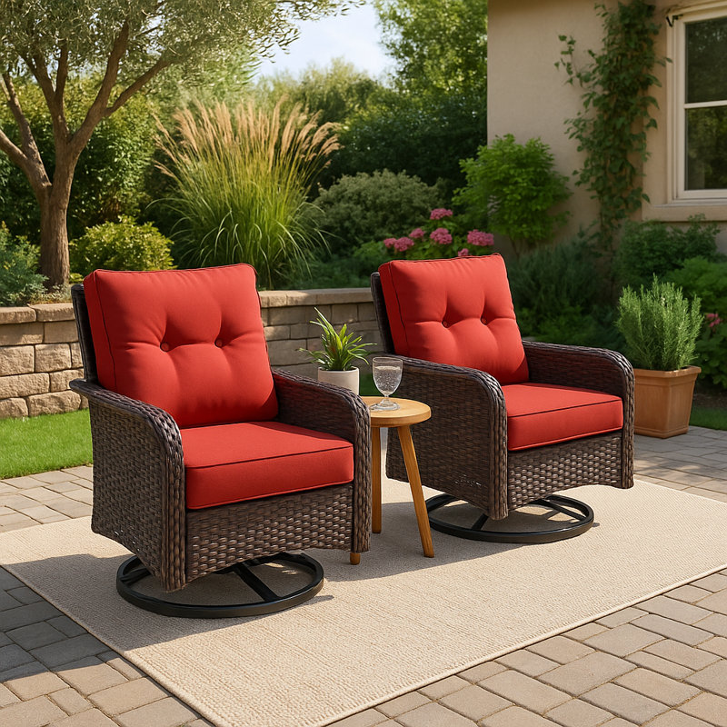 Chaise de patio à bascule pivotante en rotin toutes saisons avec coussins, Rouge