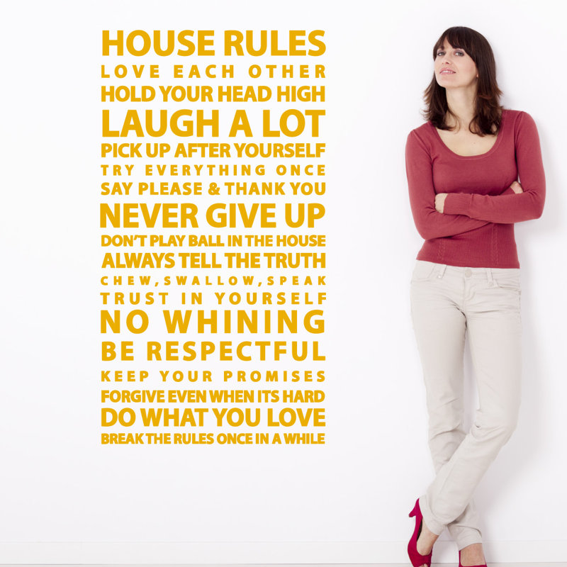 Décalcomanie murale citation "house rules", Jaune signalisation, H 48 po x l 26 po x P 0,01 po