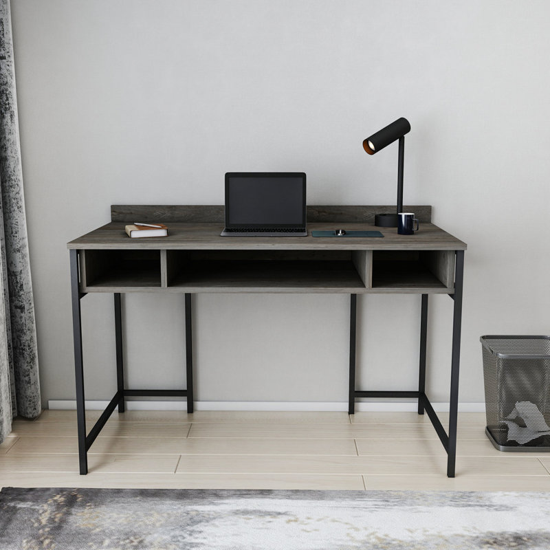 Alma Desk Metal Base Writing Desk, Dark Gray Oak/Black