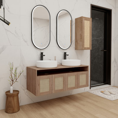 48" Bathroom Vanity with 2-Ceramic Art Sink and Side Cabinet, 4-Soft Close Door