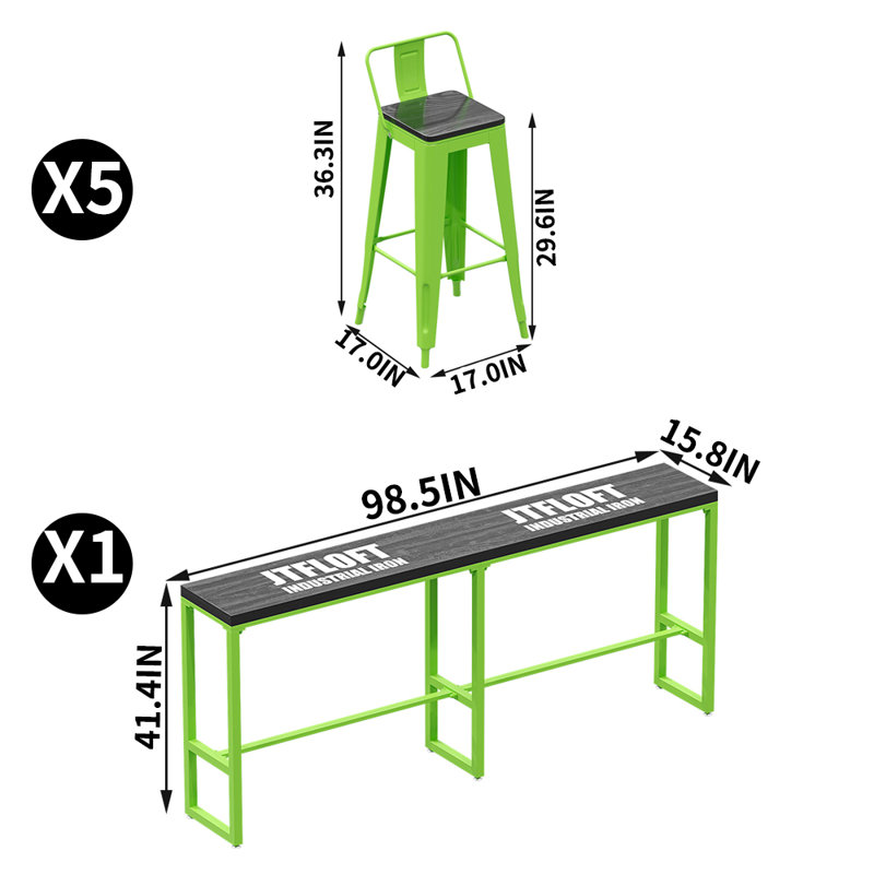 Ensemble de salle à manger rectangulaire de style industriel en bois massif avec table et chaises l 15,8 po, 6