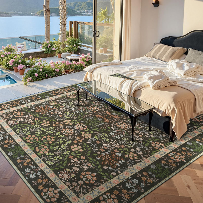 Floral Machine Washable Area Rug, Rectangle 8' x 10', Black