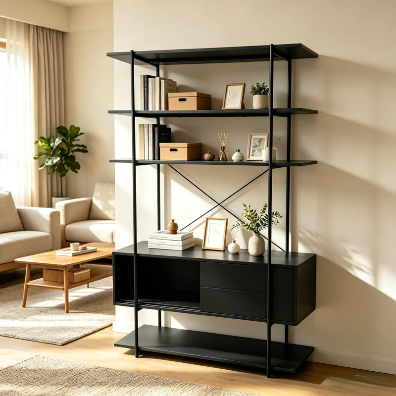 Bibliothèque industrielle à 5 niveaux de 200 cm de hauteur avec armoire à porte coulissante – Étagères ouvertes pour salon, bureau et entrée