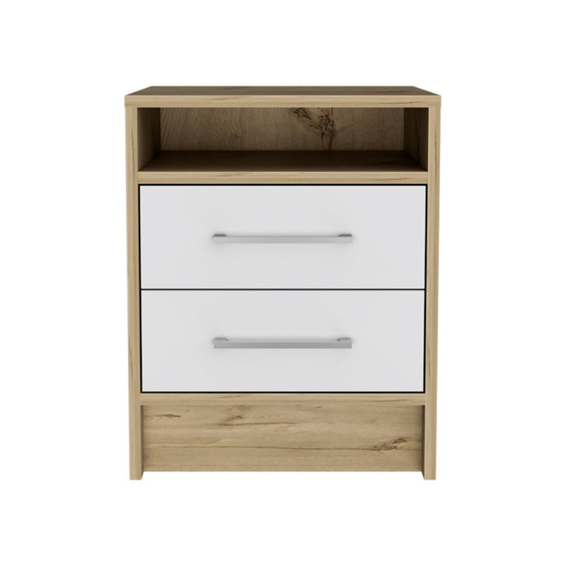Table de bout, plateau supérieur, deux tiroirs - blanc / chêne clair, Chêne clair