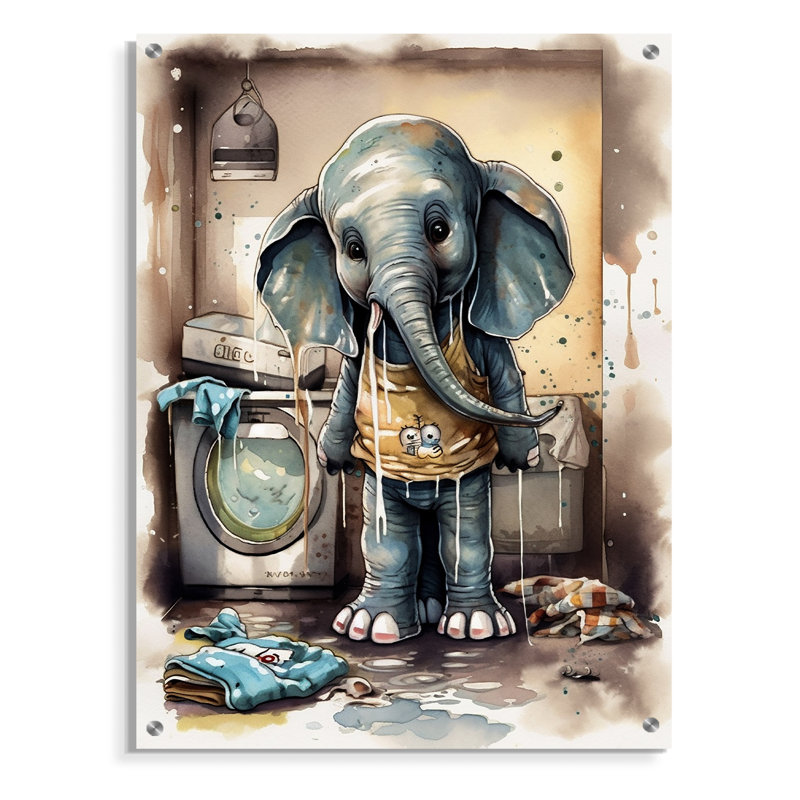 Éléphant gris dans la salle de lavage III - Art mural en acrylique, H 20 po x l 12 po