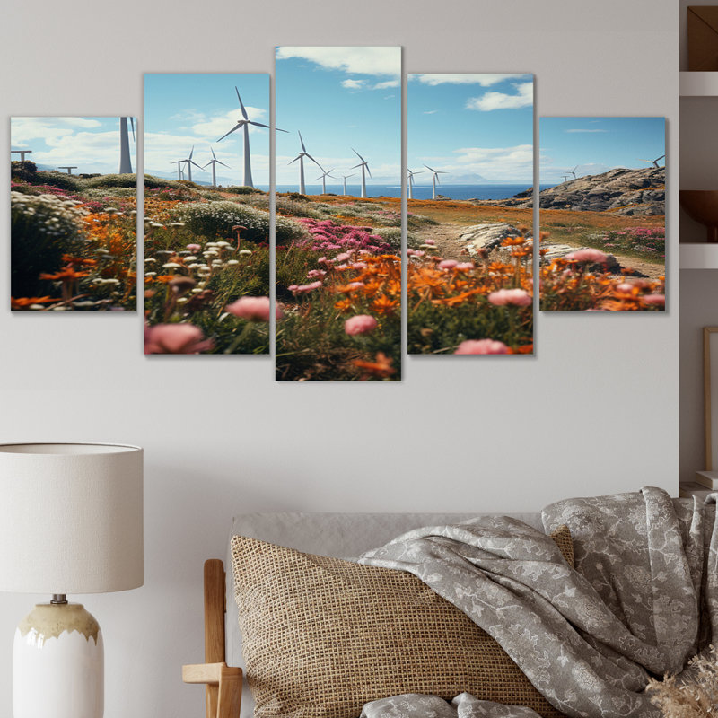 Wind Turbines Floral Field I - Plants, reproduction d'art murale - 5 panneaux