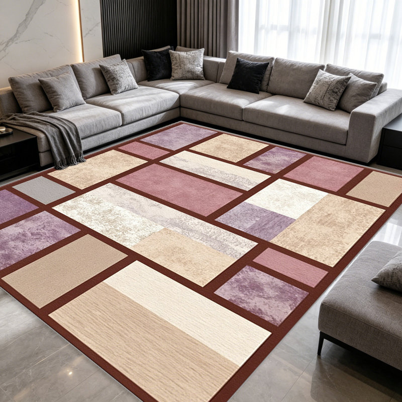 Purple and Beige Geometric Blocks carpet-easy to clean, machine-washable, soft and comfortable; suitable for door mats, kitchens, living rooms, bedrooms, corridors, and laundry areas. Easy to clean, durable carpet for home decoration.