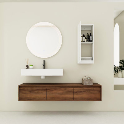 Meuble-lavabo de 152 cm avec lavabo en résine et armoire latérale - Style contemporain, 3 tiroirs à fermeture douce, rangement pour salle de bain et fixation murale, style moderne, tiroirs à fermeture douce