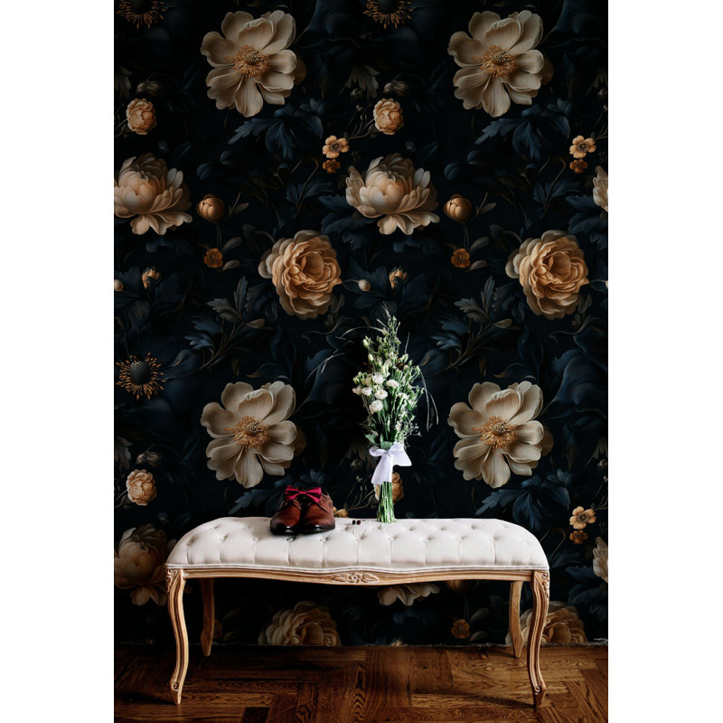 Papier peint floral foncé foncé avec motif botanique décoratif doré et bleu marine