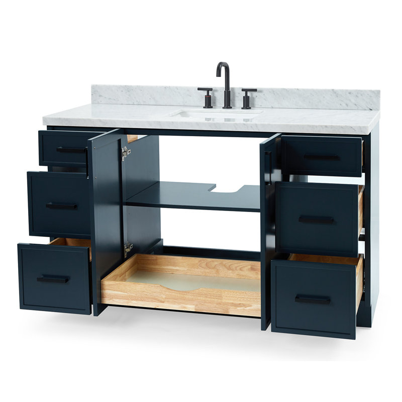 ARIEL Kellie 49 Single Sink Bathroom Vanity with Italian Carrara Marble Top, Midnight Blue, 61"