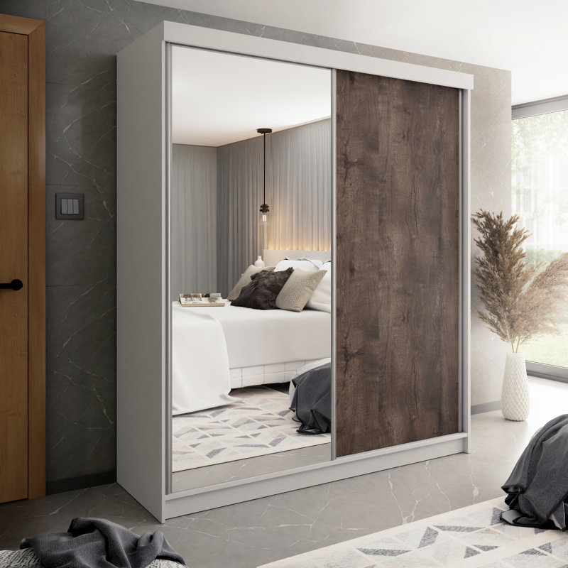 Modern 2 Door Sliding Wardrobe, White/Walnut
