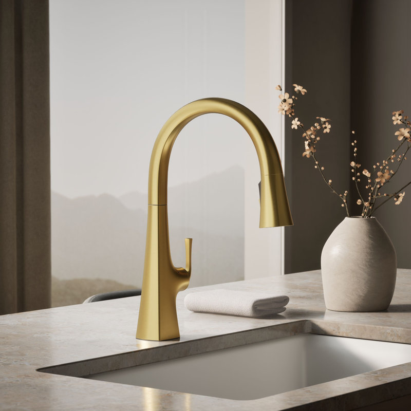 Graze Touchless Pull-Down Kitchen Sink Faucet With Three-Function Sprayhead, Vibrant Brushed Moderne Brass
