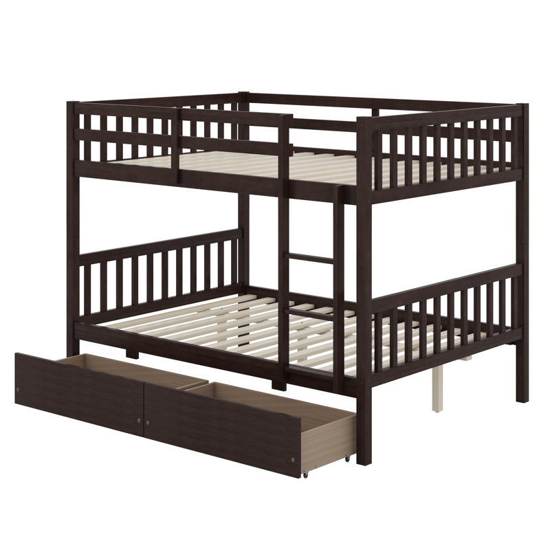 Rubber Wood Bunk Bed – 2 Drawers, Ladder, Safety Guardrails & Convertible To 2 Beds, Espresso