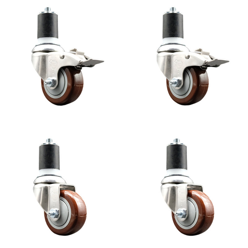 Green Polyurethane 12mm Threaded Stem Caster Set 2 Lock Brake