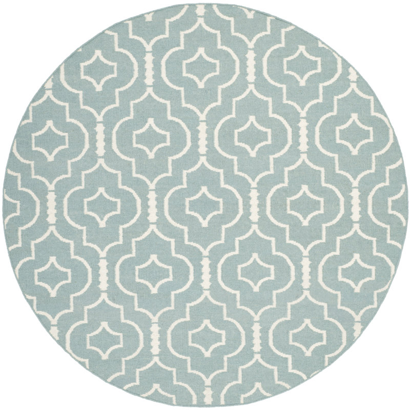 Milltown Hand Woven Flat Weave Wool/Cotton Geometric Rug in Light Blue/Ivory, Round 6'
