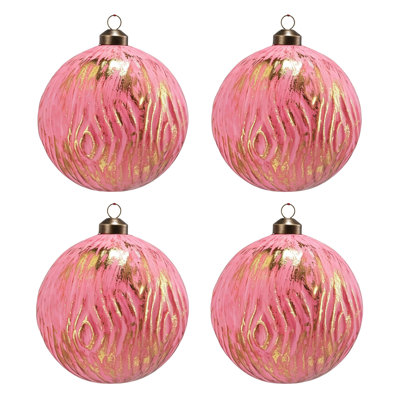 4.7 Inch Soft Pink Glass Christmas Hanging Ball Ornaments with Hand Painted Gold Foil Marbled Wave Texture for Romantic Holiday Indoor Wedding and Household Seasonal Decoration Set of 4