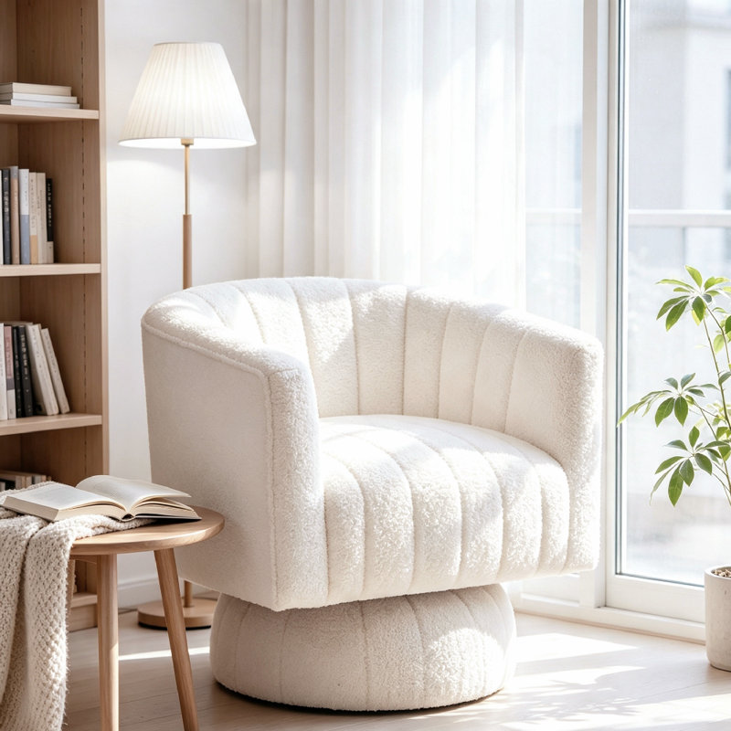 Upholstered Swivel Barrel Chair, White Teddy