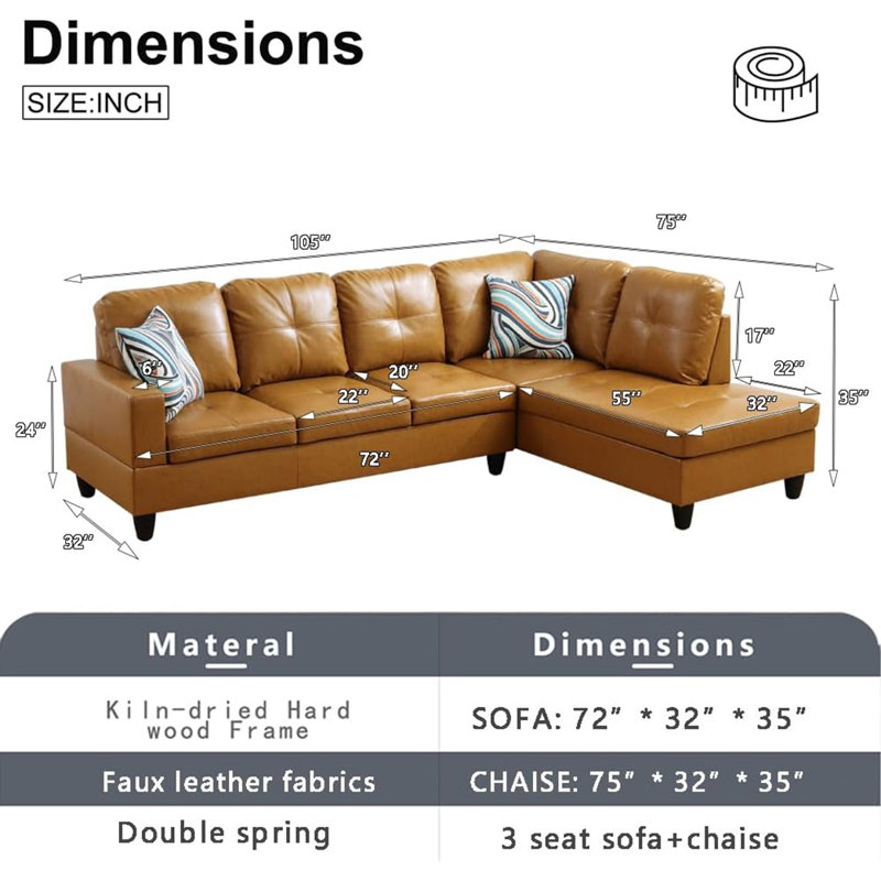 Bawan Faux Leather L-Shaped Sectional, Right Hand Facing, Yellow Faux Leather