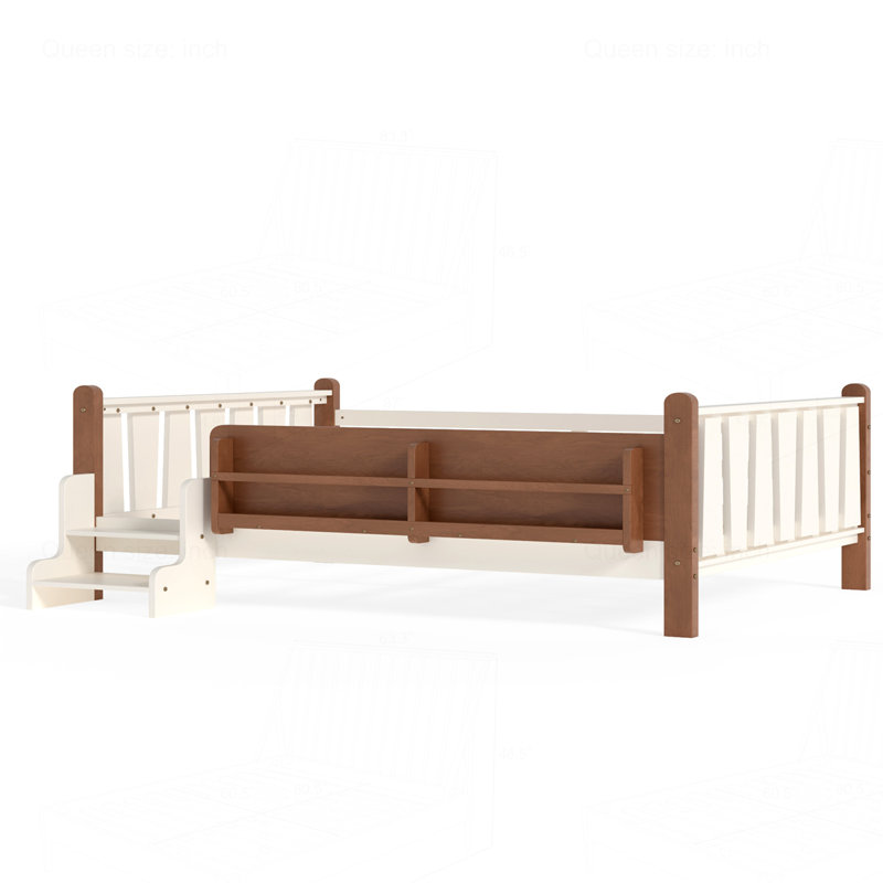 Lit sur pied en bois massif avec bibliothèques de rangement, Beige, Full / Double