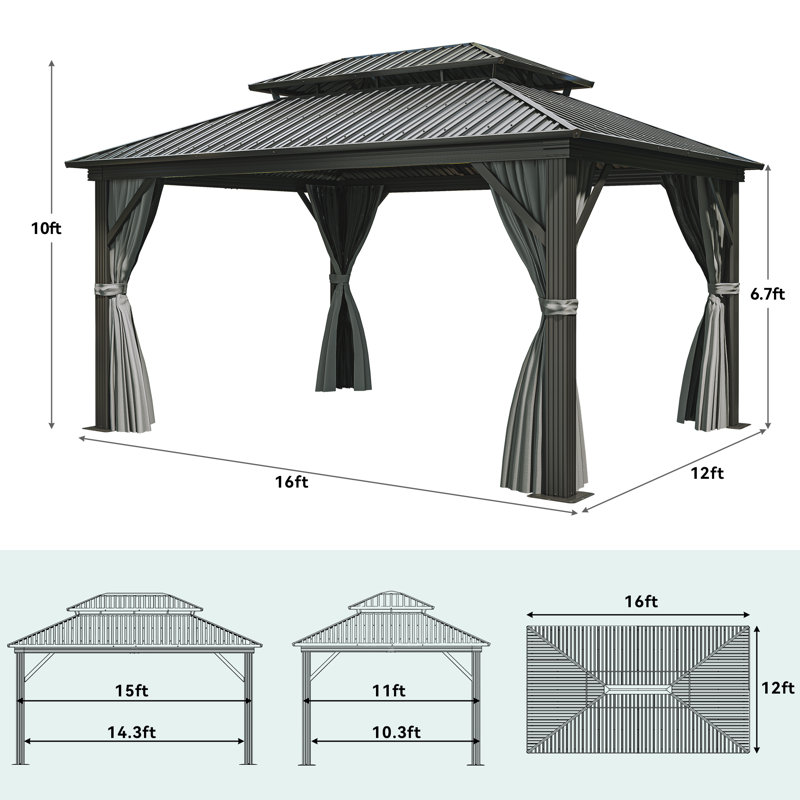 Aluminum Patio Gazebo  with Curtain and Netting, 16 ft. x 12 ft.