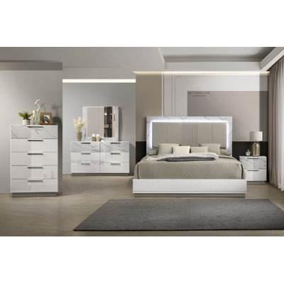 King Bed – Two-Tone High-Gloss Marble & Lacquer Finish With LED Lighting, Padded Headboard