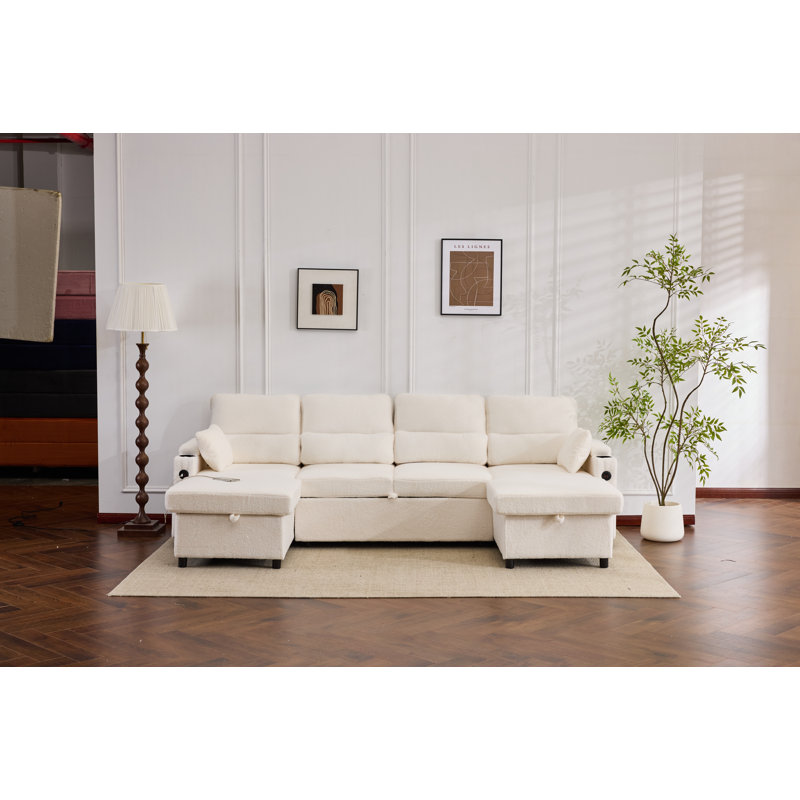 U-shaped Sectional Sofa Bed Pull Out Sleeper Couch With Storage Chaise For Living Room, Teddy White