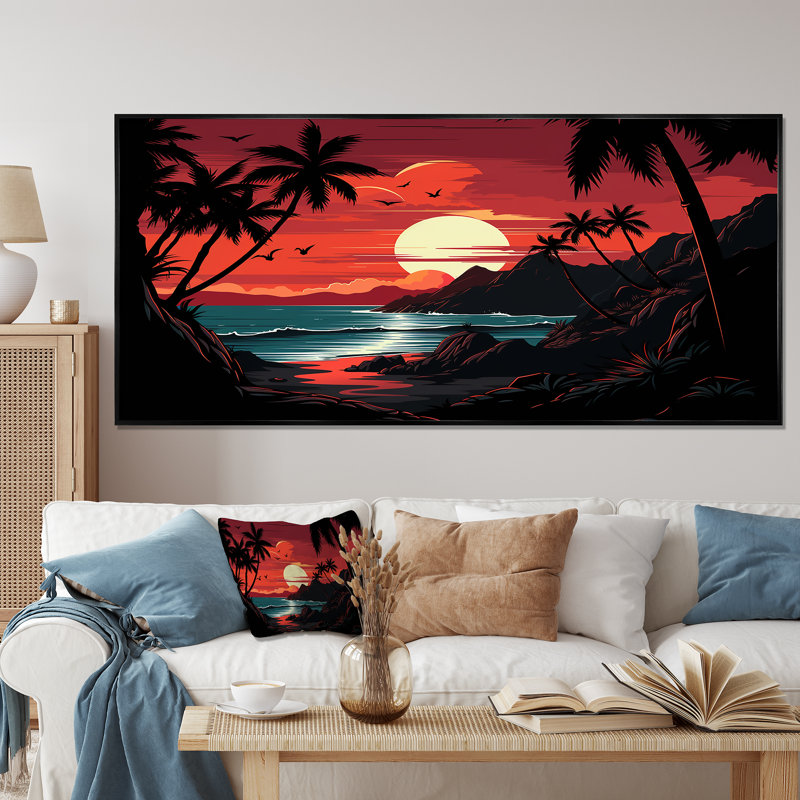 Coucher de soleil rouge audacieux paysage - coucher de soleil côtier, art mural, H 28 po x l 60 po x P 1,5 po