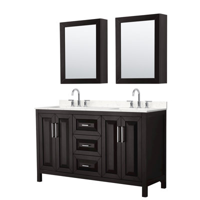 Meuble-lavabo double de 60 po Daria en espresso foncé, comptoir en marbre de culture de Carrare, lavabos carrés encastrés (3 trous), garniture en chrome poli, armoires à pharmacie
