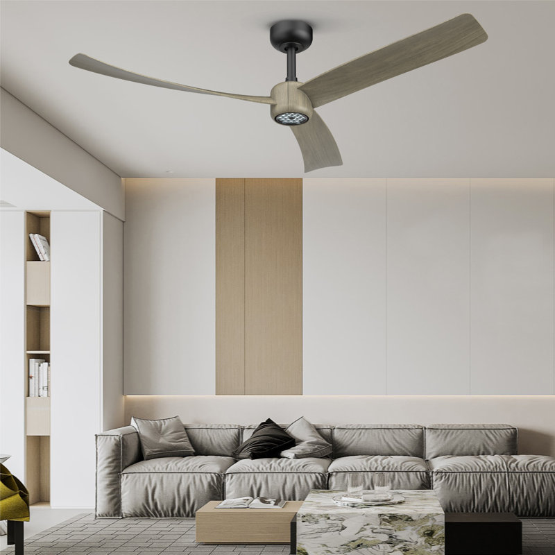 52 Inch Ceiling Fan With Led Night Light Remote Control, Black with Light Brown Blades