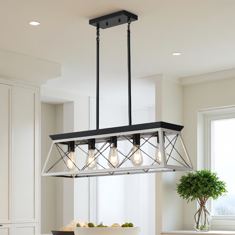 Luminaire suspendu linéaire à 5 lumières pour îlot de cuisine avec détails en bois, Noir mat / blanc