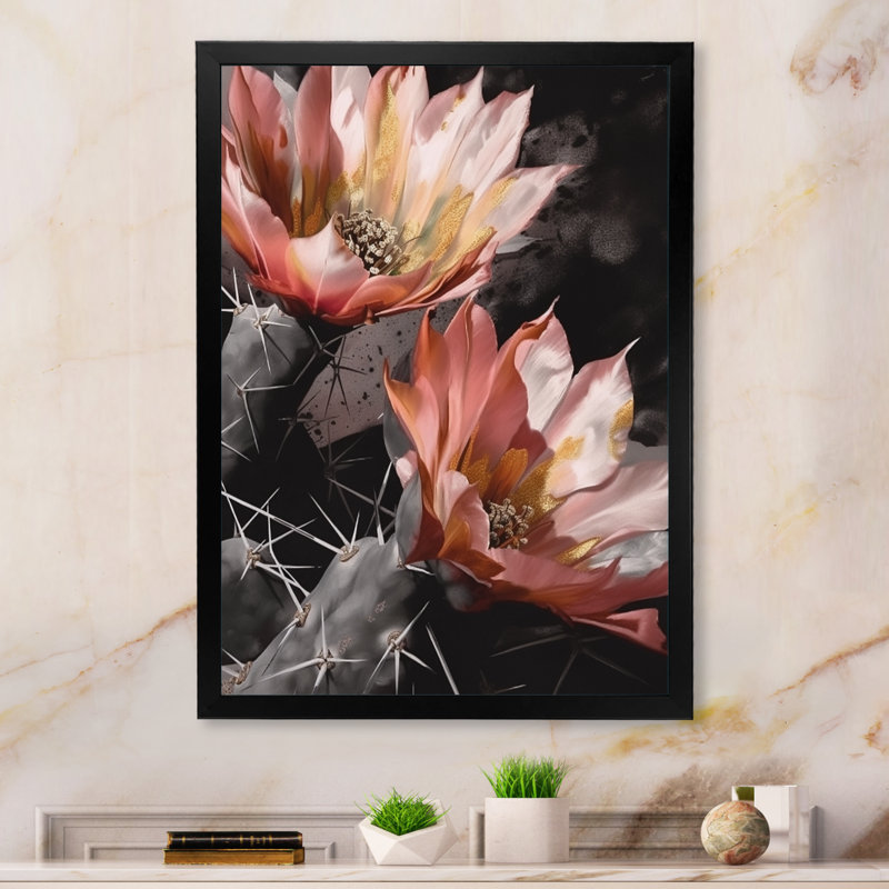 Fleur de cactus orange gris II - impression, H 44 po x l 34 po x P 1,5 po, Cadre photo noir