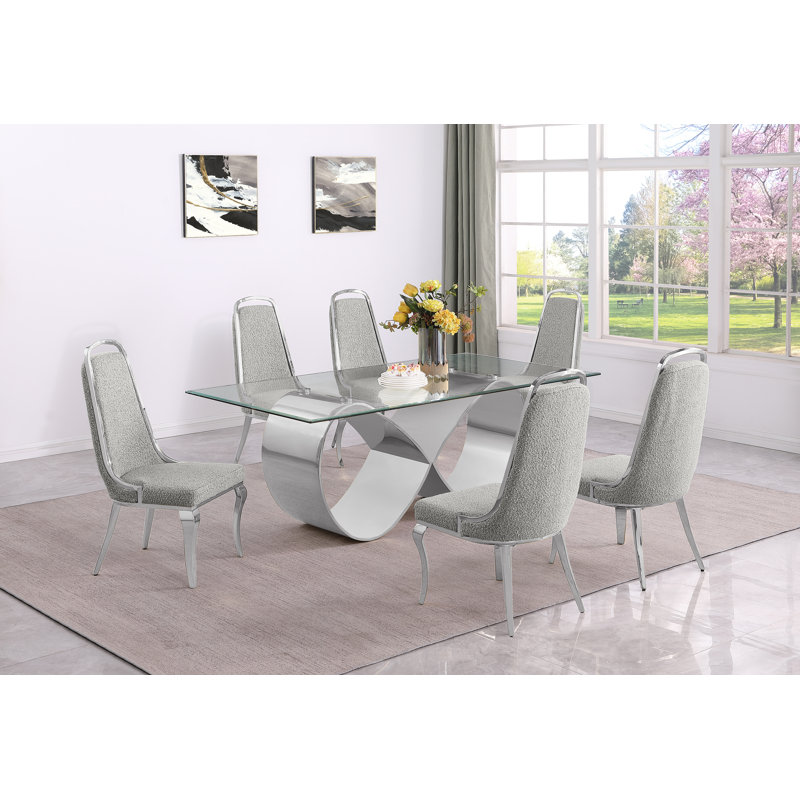 Ensemble de salle à manger en verre trempé avec chaises d'appoint en tissu Boucle, Gris riche, Argent